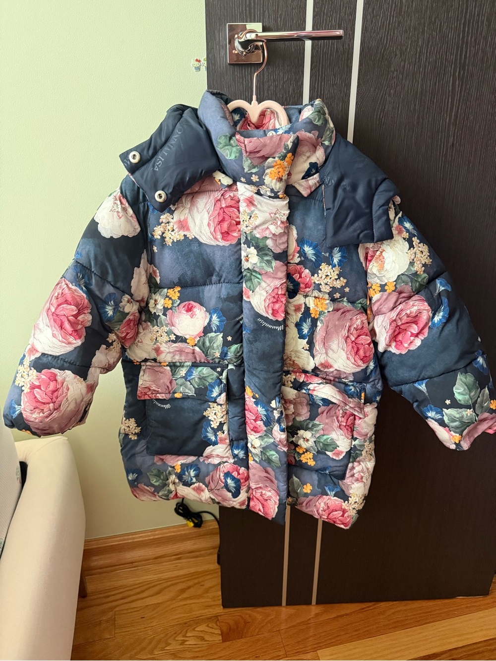 MonnaLisa Navy Floral Puffer Jacket with Pink Roses